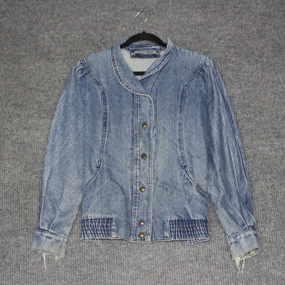 Freddi Gail Womens Acid Wash Denim Jacket Puff Sleeve Bomber Style Size Large
